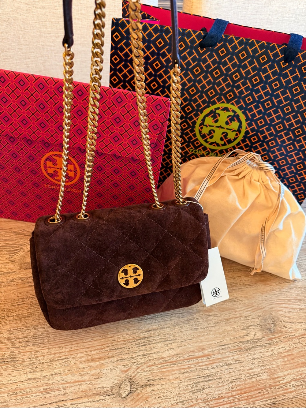 Tory Burch Dark Brown Quilted Suede Chain Shoulder Bag with Gold Hardware NWT - Picture 2 of 8